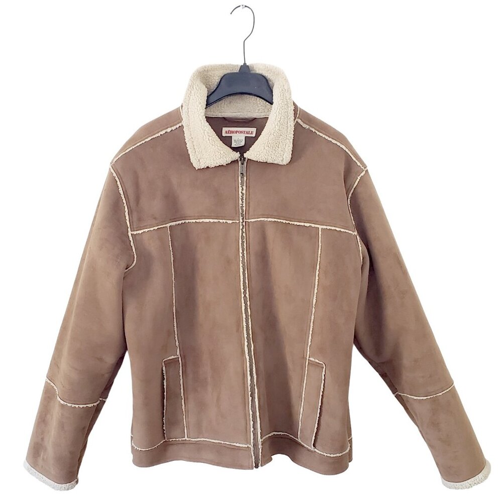 Aeropostale faux suede & shearling jacket, vegan leather, sherpa lining, men's L